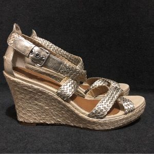 Sperry Top-Sider Espadrille Open Toe Gold Striped Harbordale Wedges Womens 11 M